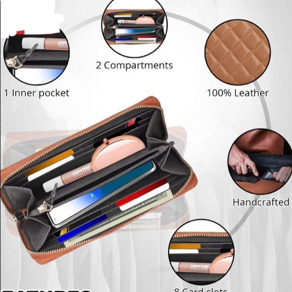 Designer Inspired RFID Genuine Leather Quilted Zip Around Clutch Wallet Cognac - Picture 5 of 11